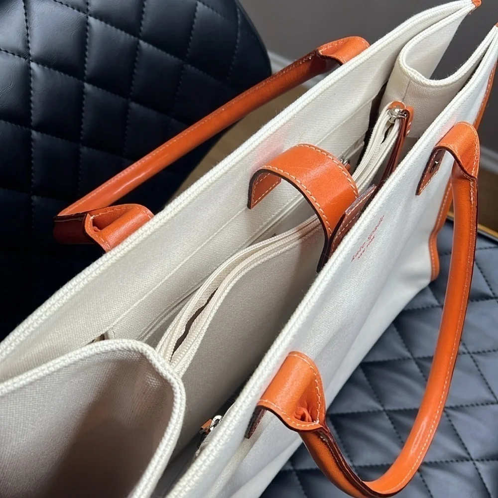 Kate Spade Large Beige Canvas Orange Leather Trim Tote Bag - New
